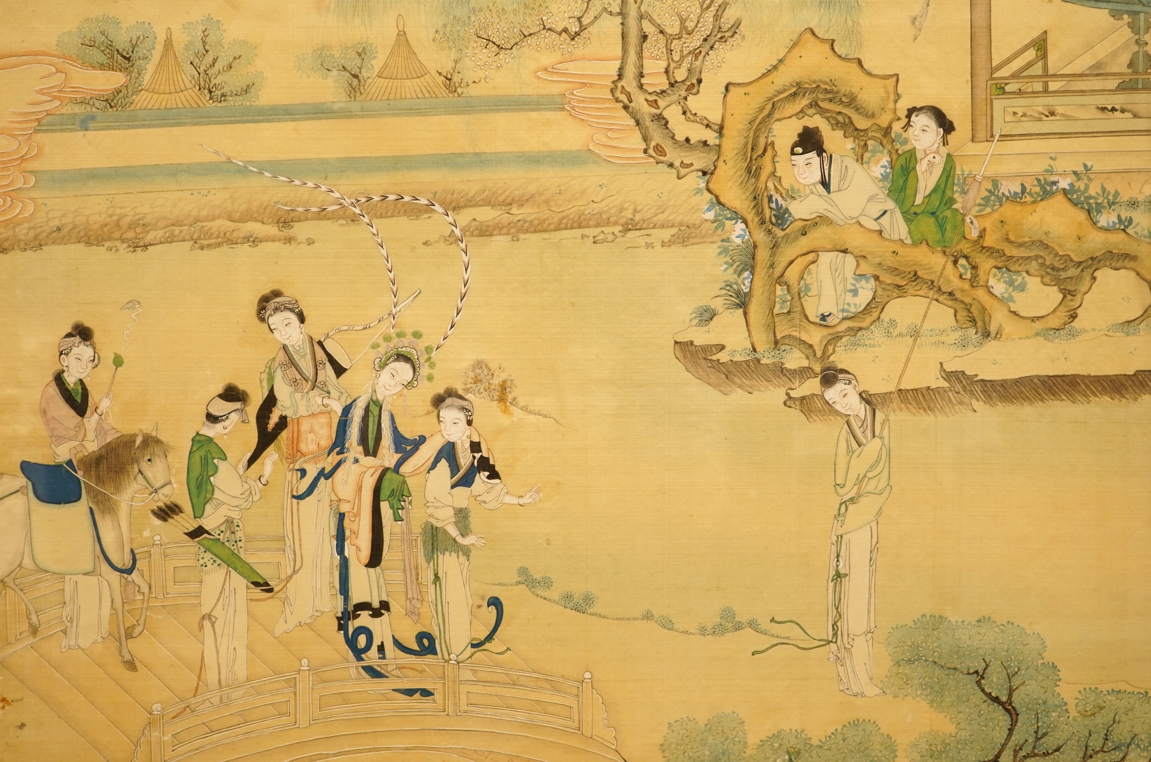 Chinese School (early 20th century), a pair of paintings on silk, Immortals in the heavens including Shou Lao and Xi Wangmu and figures by a lake, 35 x 53cm